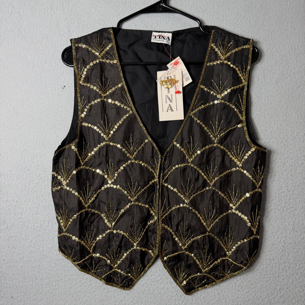 Vintage TINA Silk Sequin Vest Womens S Black Gold Hand Woven India NWT